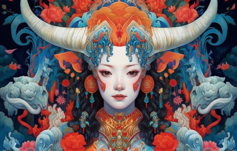 京剧中国风山海经风格异兽女性人物身穿华服头上牛角插画,插画/手绘图,插画/手绘图库,插画/手绘图下载,插画/手绘